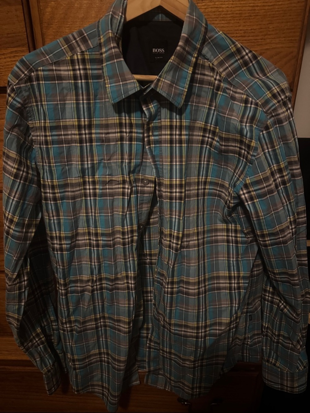 BOSS Teal, Gray and Cream Plaid Button-Up Shirt